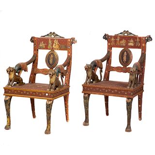 Pair Vintage Polychrome Decorated Indian Armchairs