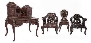 Japanese Carved 'Dragon' Desk and Chairs 