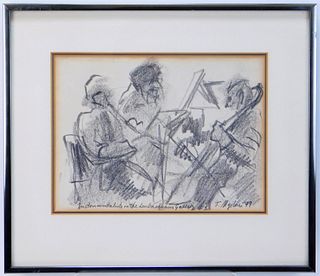 German Expressionist String Trio Charcoal Drawing