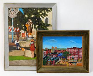 2PC American Folk Naive Townscape Paintings