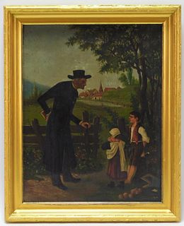 19C American Folk Art Minister & Children Painting