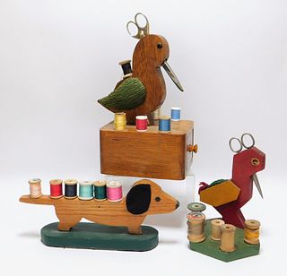 3PC Folk Art Figural Sewing Box & Spool Stands
