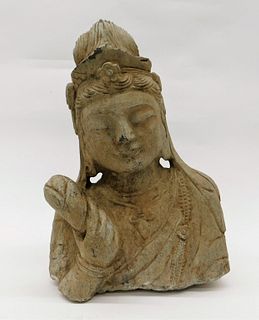 Chinese Qing Dynasty Carved Bust of Guan Yin