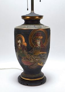 19C Japanese Black Gilt Satsuma Porcelain Lamp
