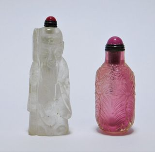 2 Chinese Qing Carved Quartz & Glass Snuff Bottles