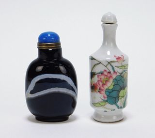 2PC Chinese Porcelain & Agate Snuff Bottles