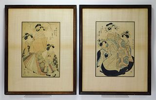 2PC Eizan Kikugawa Geisha Woodblock Prints