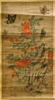 Chinese Butterfly & Flower Hanging Wall Scroll