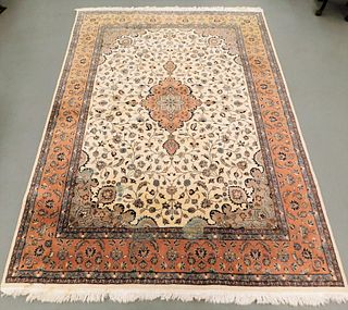 Indo Persian Ivory and Peach Room Size Rug