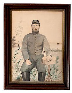 Folk Art Watercolor Portrait of a Confederate Soldier 