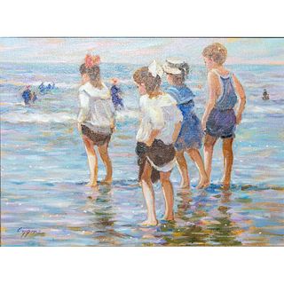 E. J. Cygne Oil On Canvas, Framed, Children By The Beach