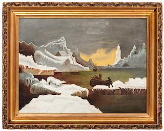 American Folk Art Painting of a Polar Bear Hunt 