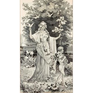 Vintage Elisabeth Sonrel Style Tapestry, Flora, Framed