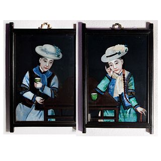Pair of Reverse Painted Chinese Paintings on Glass