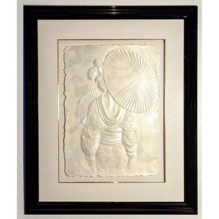 Limited Edition Roberta Peck, Japanese Geisha with Parasol, Framed Cast Paper Sculpture