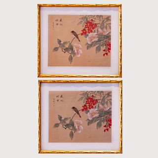 Pair Of Gongbi Style Floral Paintings, Framed