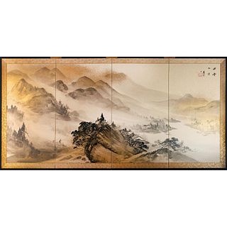 Vintage Hand Painted Asian Four-Panel Folding Screen