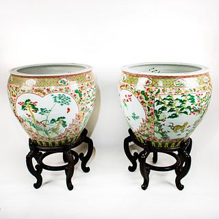 Pair of Large Chinese Planters with Koi Interior and Stands