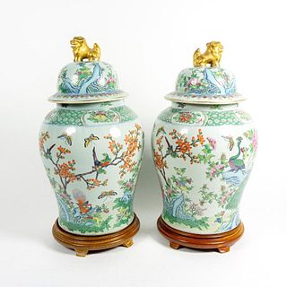 Pair of Chinese Lidded Peacock Urn Vases on Base