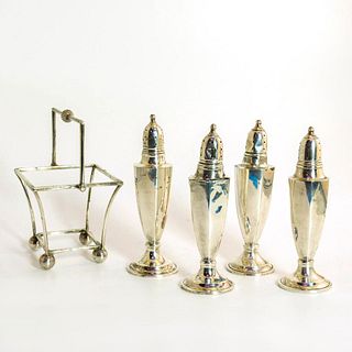 4 Silver Shakers and Handled Frame Stand