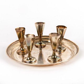 Sterling Silver Tray With Five Cordial Glasses