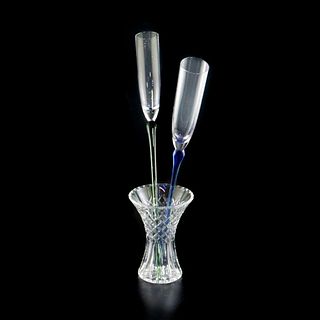 Two Champagne Flutes Color Stem, No Base and Waterford Vase
