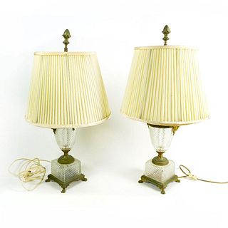 Pair of Crystal and Brass Double Fixture Lamps