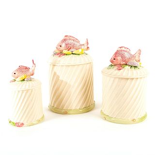 3pc Fitz and Floyd Ceramic Lidded Canister Set, Fish Design