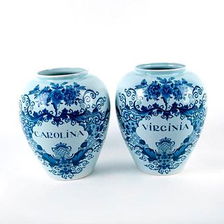 Pair Of Delft Blue Tobacco Jars, Virginia And Carolina