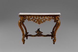 Console in carved, lacquered and gilded wood, with white marble top, 18th century