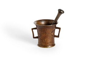 Antique bronze mortar with pestle, geometric handles