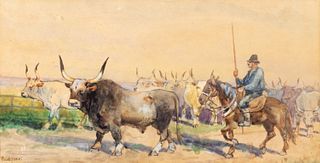 Rocchi (Scuola italiana del XIX secolo) - Horseback riding and buffalo in the Roman Campagna, 1858