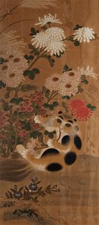 Painting on paper depicting peonies and feline, probably Korea 19th century