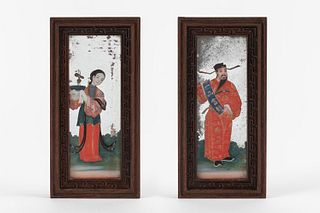Two glass paintings depicting a dignitary and a concubine, 19th century Canton China