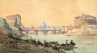Scuola romana, fine secolo XIX - View of the Tiber with Castel Sant'Angelo and St. Peter's Basilica in the distance