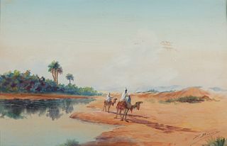 Scuola francese, fine secolo XIX - inizi secolo XX - Orientalist landscape with Bedouins at an oasis