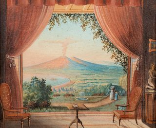 Scuola italiana, secolo XIX - View of Vesuvius from the terrace of a building