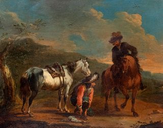 Pittore fiammingo attivo in Roma, ultimo quarto del secolo XVII - inizi del secolo XVIII - Pair of paintings with horsemen in a landscape