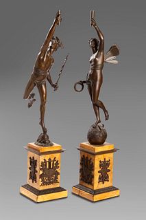 Two bronze sculptures depicting Victoria and Hermes, base in yellow Siena marble, France, mid-19th century