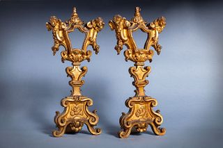 Pair of relic holders in gilded wood, Rome 18th century