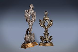 Two wooden relic holders, with embossed and silvered copper applications, 18th century