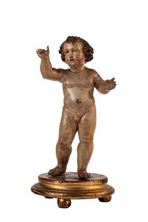 Manifattura napoletana, secolo XVIII - Polychrome wooden sculpture depicting the blessing Baby Jesus