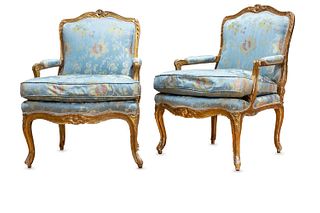 Pair of Louis XV gilded armchairs, 18th century