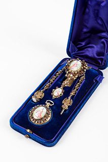 Chatelaine with his silver pocket watch with pearls, rubies, turquoise and enamels, 19th century, in original case