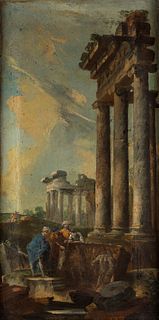 Maniera di Giovanni Paolo Panini - Two architectural capricci with ancient ruins and bystanders