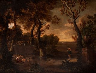 Scuola romana, secolo XVII - Arcadian landscape with bystanders
