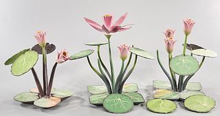 Group of Three Chinese Painted Wood Lotus Plant Sculptures