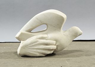 White Marble Sculpture of a Hand and Dove