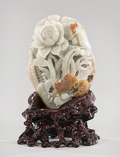 Chinese Carved Jade Fish and Flower Group