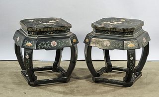 Pair of Chinese Carved Wood Low Tables